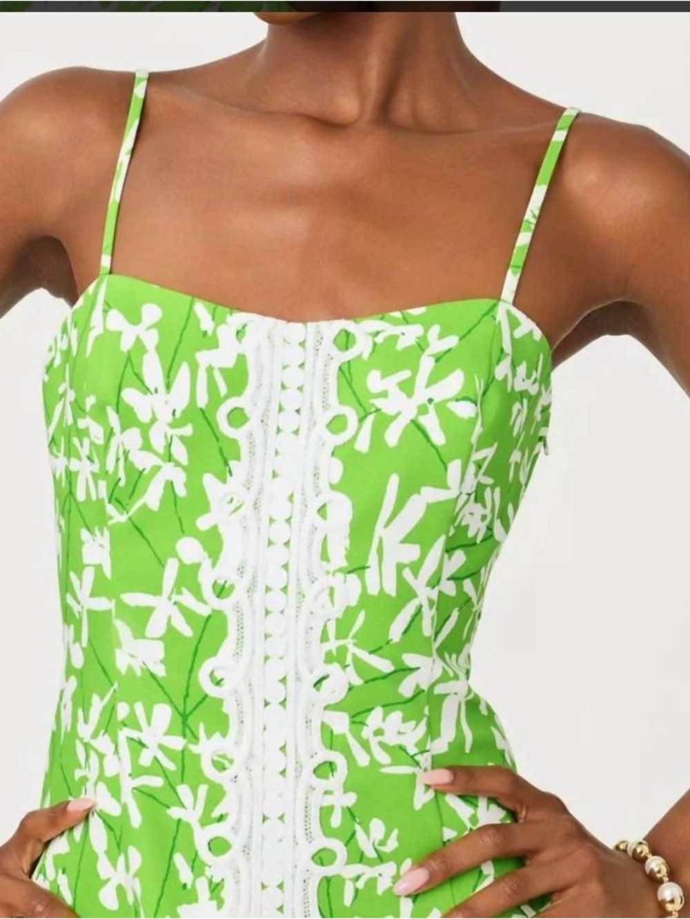Lilly Pulitzer Green & White Floral Lace-Trim Top bow Shelli stretch green liza